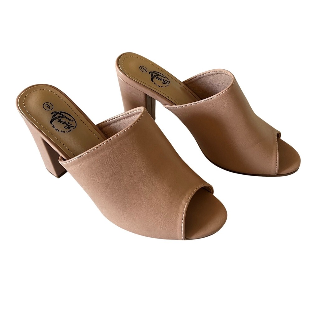 Trary Women Nude Peep Toe Block Heel Mules Tan Slip On Sandals Size 9